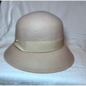 Womens Wool Cloche Hat Beige Taupe Felted Grosgrain Ribbon Band OS